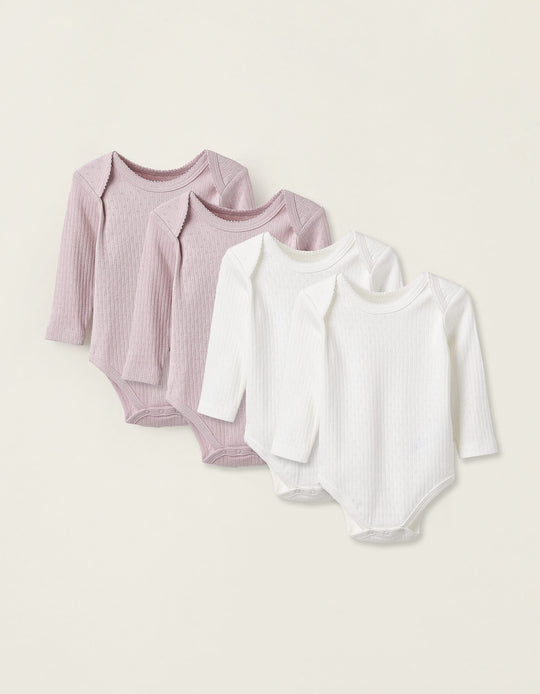 Pack of 4 Wrap over Bodysuits in Pointelle for Newborn Girls, White/Pink