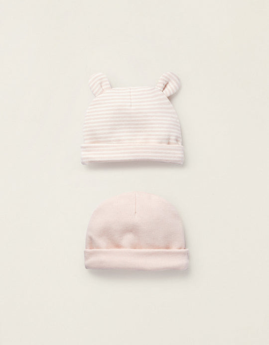 Pack of 2 Cotton Beanies for Newborn Girls, White/Pink