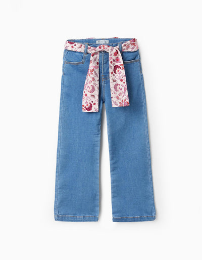 Denim Trousers with Floral Ribbon for Girls 'Flare Fit', Blue | Saudi Arabia
