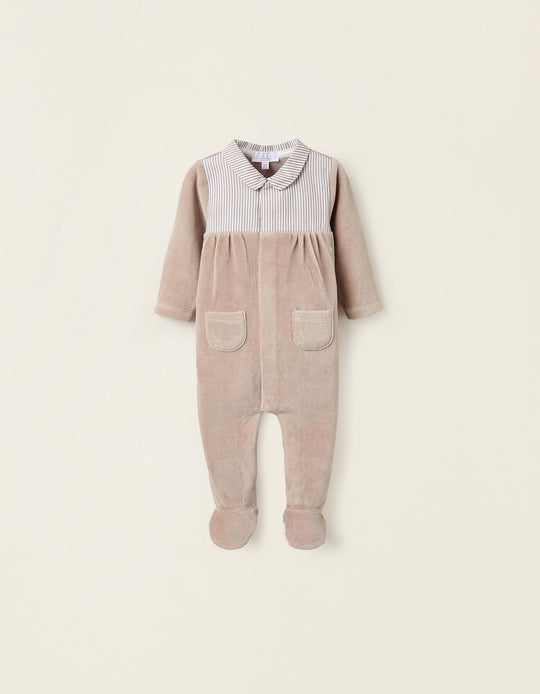 Velour Striped Sleepsuit for Newborns, Beige