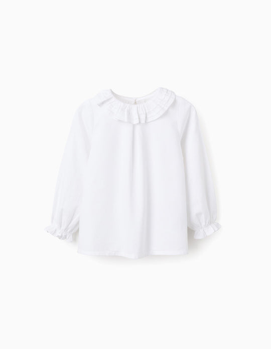 Cotton Twill Blouse with Ruffles for Girls, White