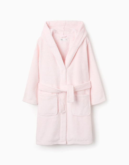 Fleece Dressing Gown with Hood and Belt for Girls, Pink