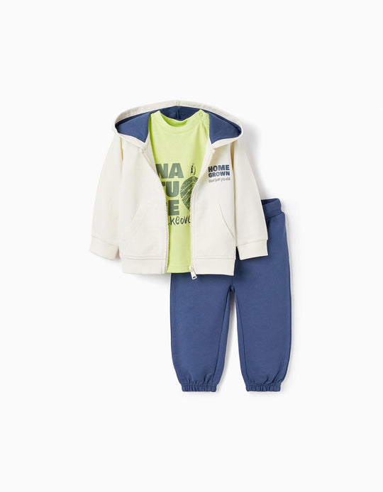 جاكيت بقبعة + تيشيرت + بنطلون للأطفال الأولاد، أخضر/بيج/أزرق