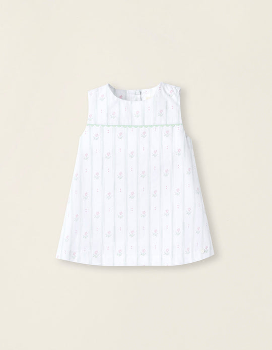 Striped and Floral Dress for Newborn Baby Girls, White/Green/Pink