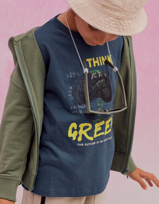 Cotton T-Shirt with Holographic Effect for Boys 'Think Green', Blue