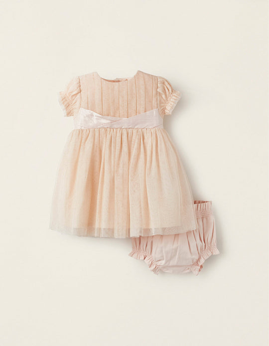 Tulle Dress with Glitter + Bloomers for Newborn Girls, Pink