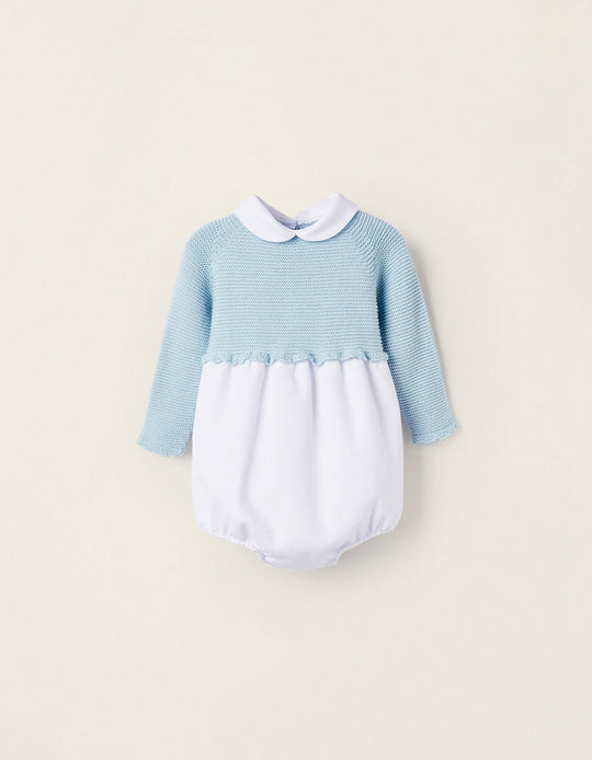 Long Sleeve Combined Bodysuit for Newborn Boys, Light Blue/White