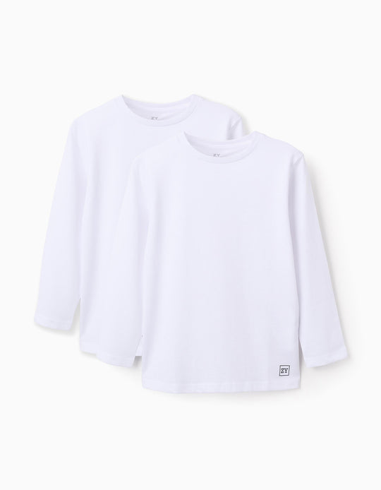 Pack of 2 Plain Long Sleeve T-shirts for Boys, White