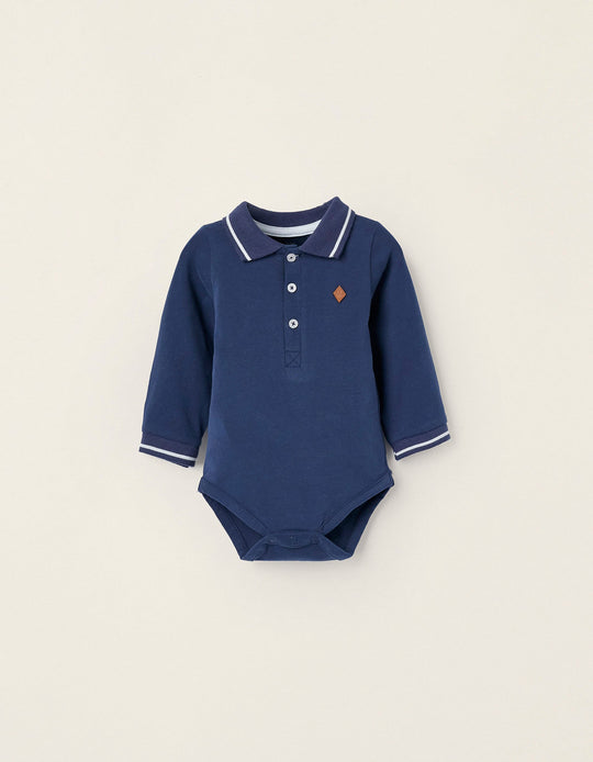 Cotton Polo Bodysuit for Newborn Boys, Dark Blue