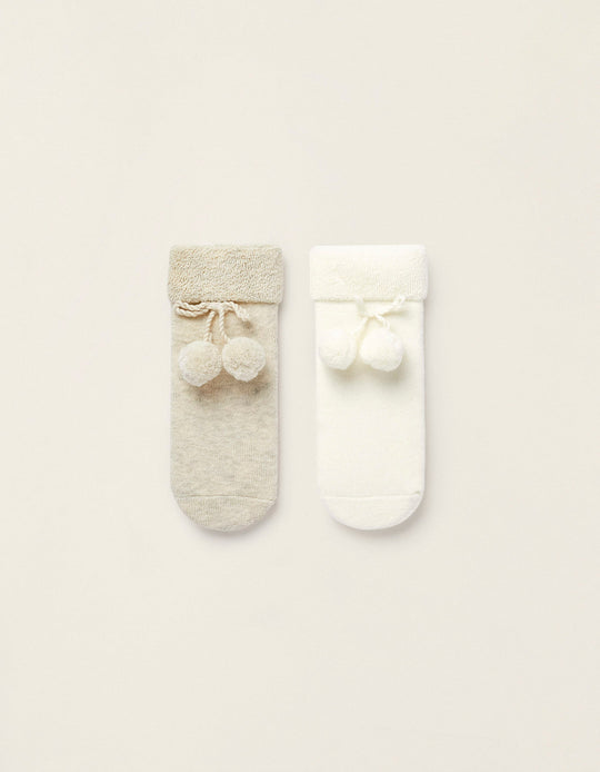 Pack of 2 Pairs of Cotton Socks with Pompons for Newborns, White/Beige