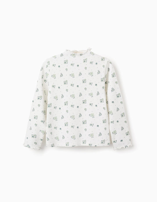 Ribbed Floral Long Sleeve T-shirt for Girls, White/Green