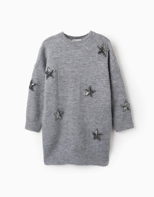 Knitted Dress with Stars and Sequins for Girls, Grey