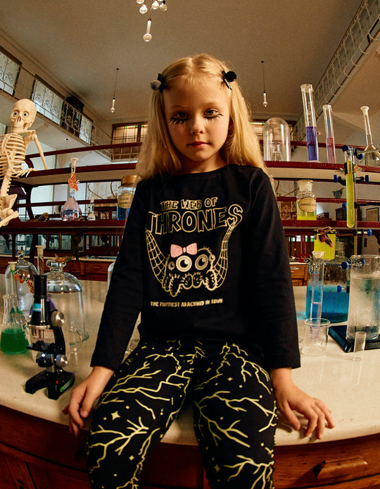 Glow in the Dark Halloween T-shirt for Girls 'Spider', Black