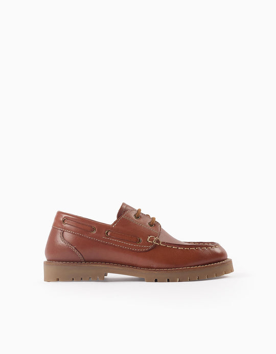 Leather Deck Shoes for Boys, Camel