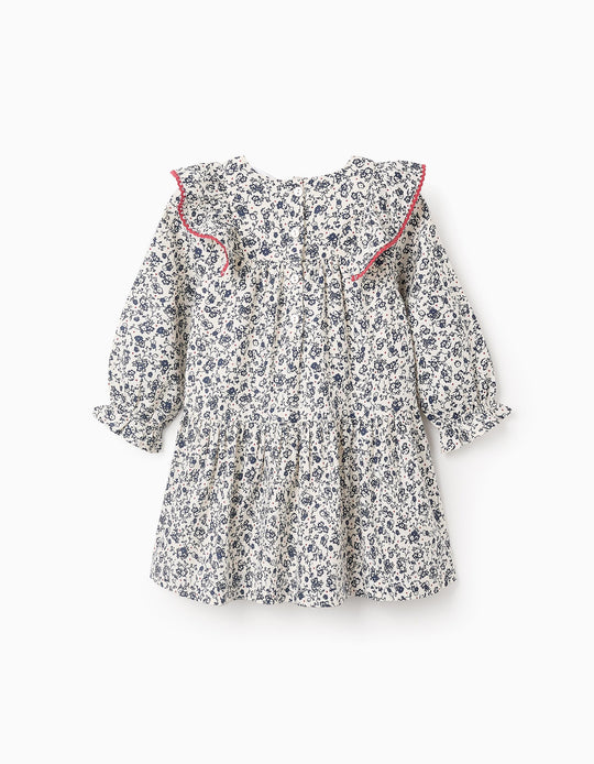 Floral Cotton Dress for Baby Girls, White/Blue