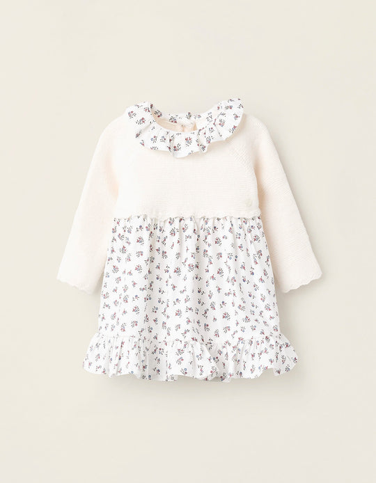 Floral Dual-Fabric Dress for Newborn Girls, White