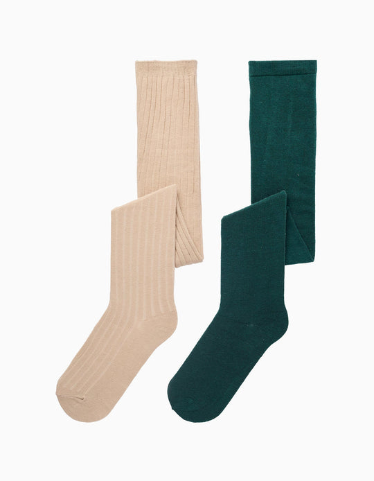Pack 2 Plain/Ribbed Tights for Girls, Beige/Green