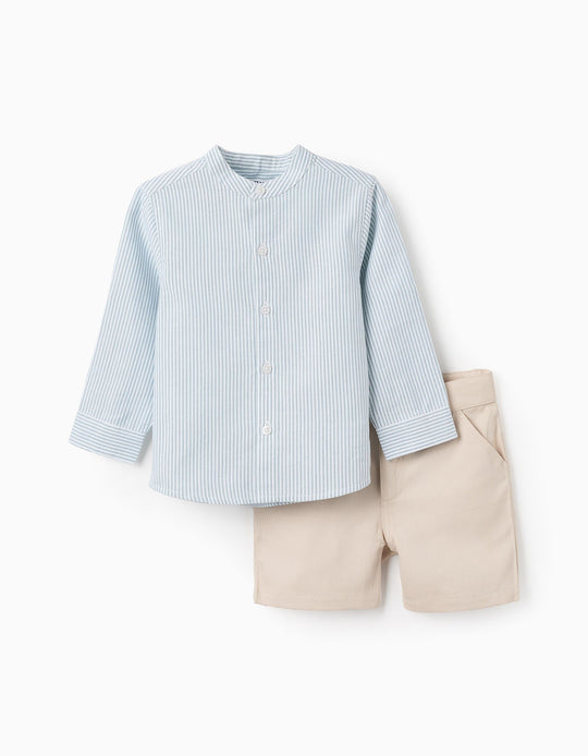 Striped Shirt + Twill Shorts for Baby Boys, Blue/Beige