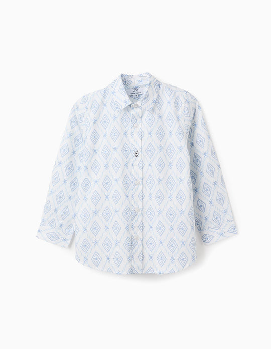 Cotton Shirt with Pattern for Boys, White/Blue