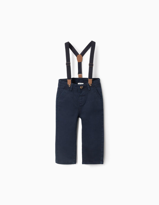 Twill Trousers with Removable Braces for Baby Boys, Dark Blue