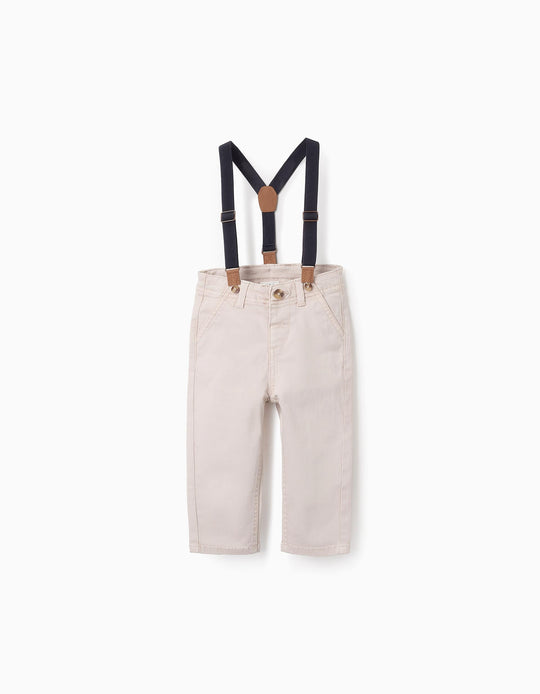 Twill Trousers with Removable Braces for Baby Boys, Beige