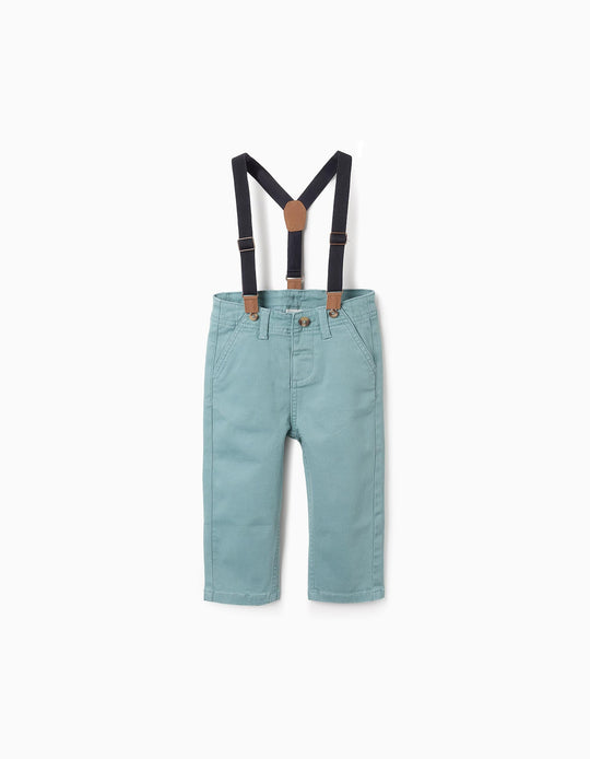 Twill Trousers with Removable Braces for Baby Boys, Aqua Green