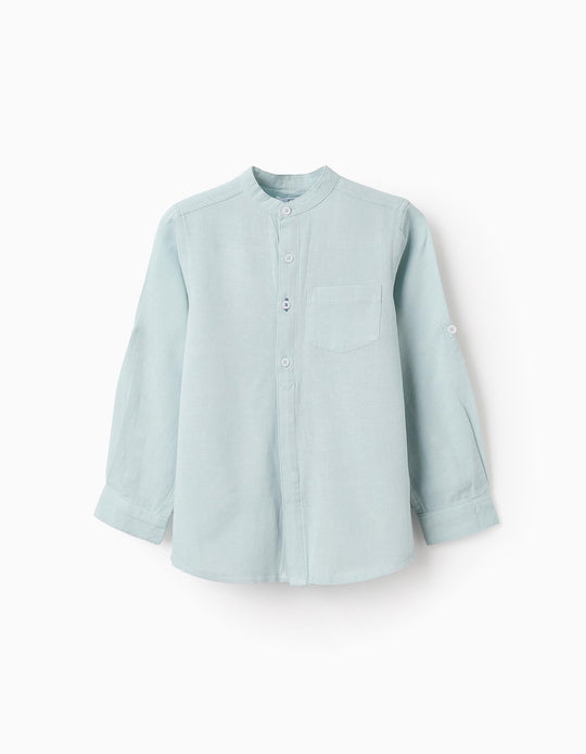 Shirt with Mao Collar and Sleeve Tabs for Boys, Aqua Green