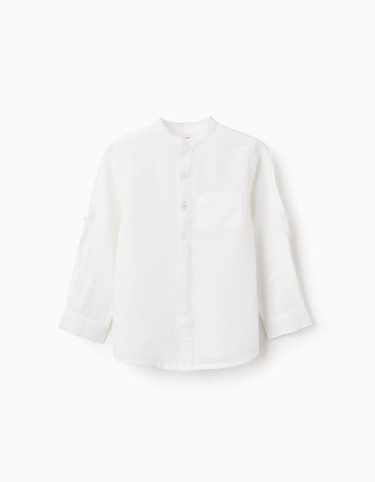 Shirt with Mao Collar and Sleeve Tabs for Boys, White