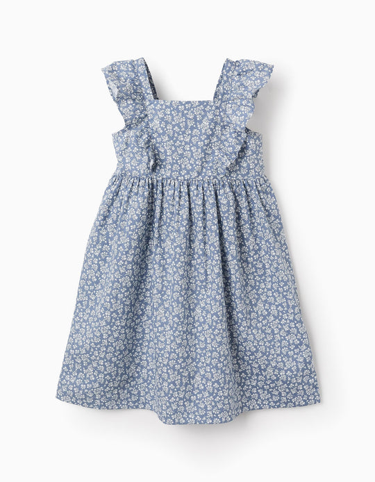فستان قطني بنقشة زهور مع كشكش للبنات، أزرق