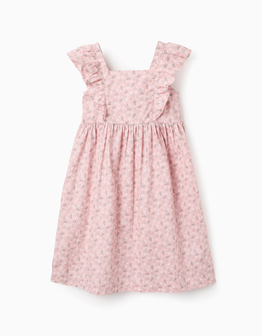 فستان قطني بنقشة زهور مع كشكش للبنات، وردي