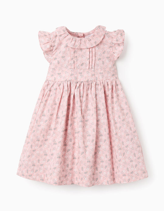 فستان قطن مزهر للفتيات الرضع، زهري/أبيض/أخضر