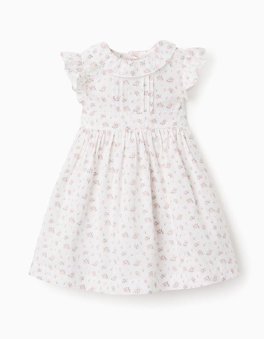 فستان قطن مزهر للفتيات الرضع، أبيض/زهري