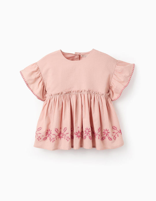 Blouse with Texture and Cross-Stitch Embroidery for Girls, Pink