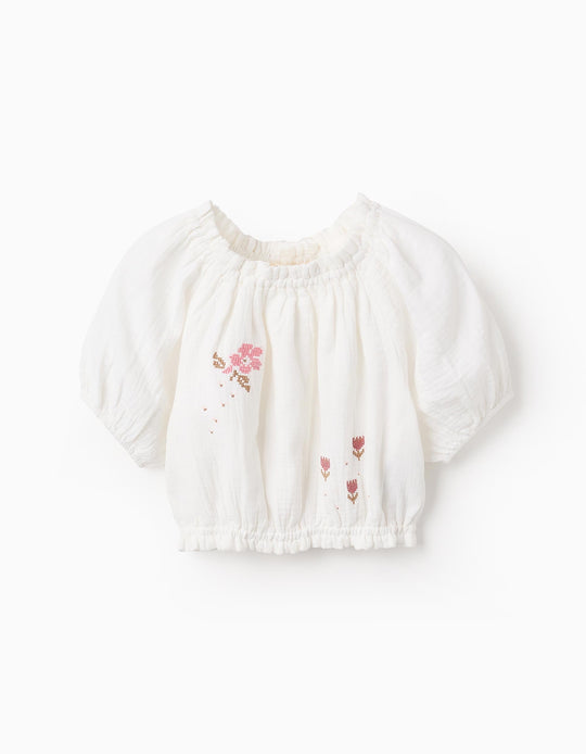 Blouse in Gauze with Cross-Stitch for Girls, White