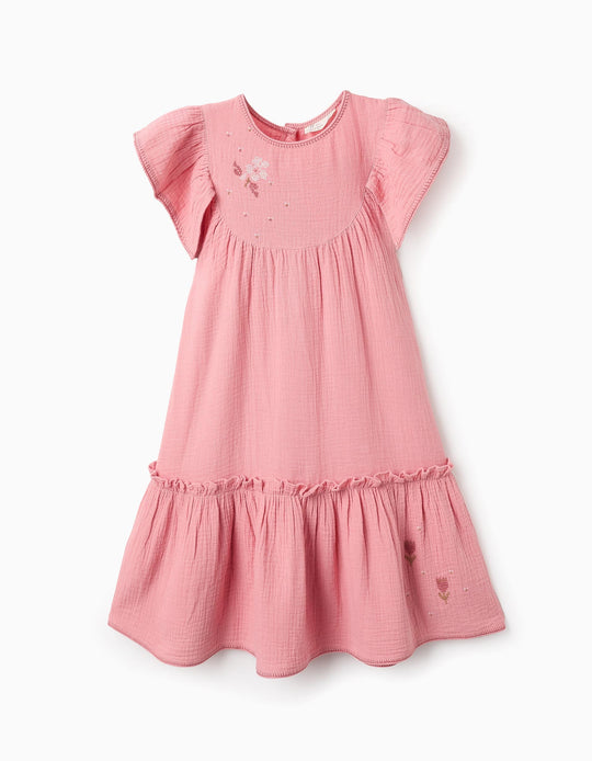 Muslin Dress with Cross-Stitch Flowers for Girls, Pink