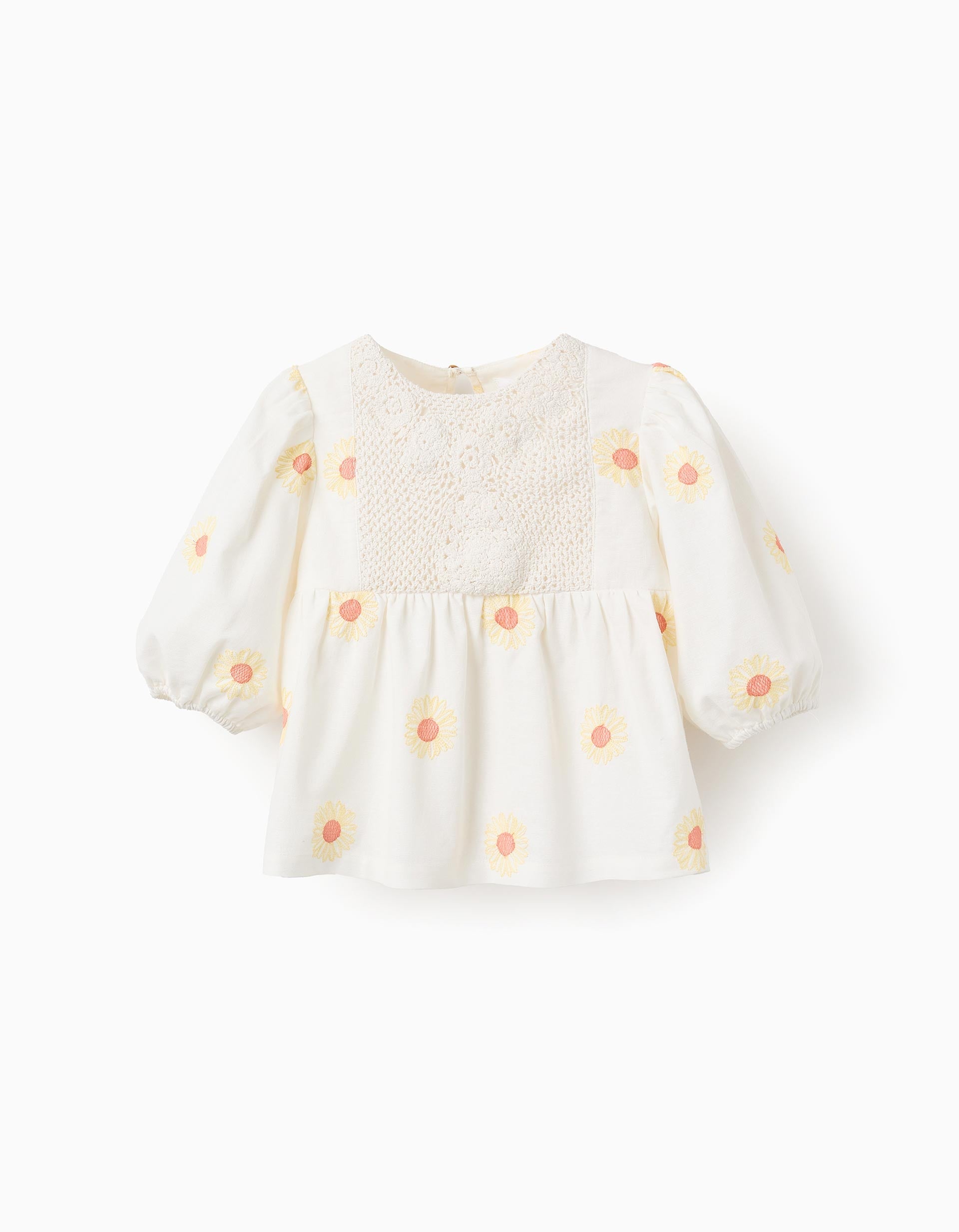 Cotton and Linen Blouse with Flowers and Crochet for Girls, White