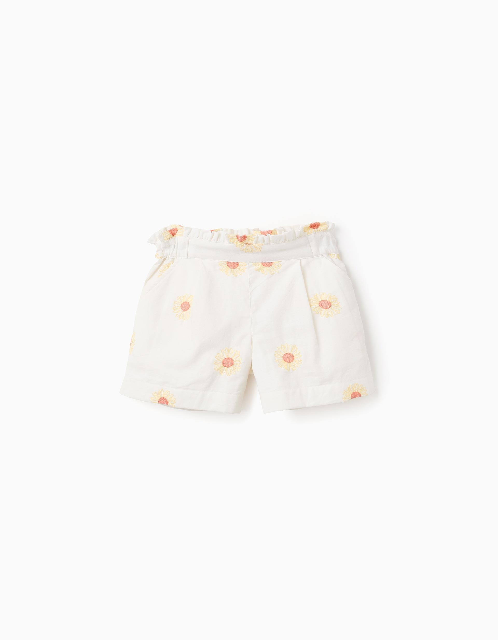 Cotton and Linen Shorts with Flowers for Girls, White
