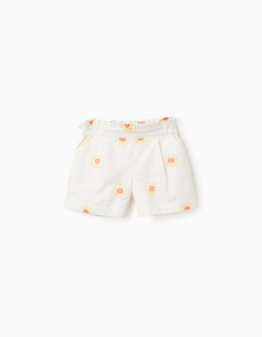 Cotton and Linen Shorts with Flowers for Girls, White