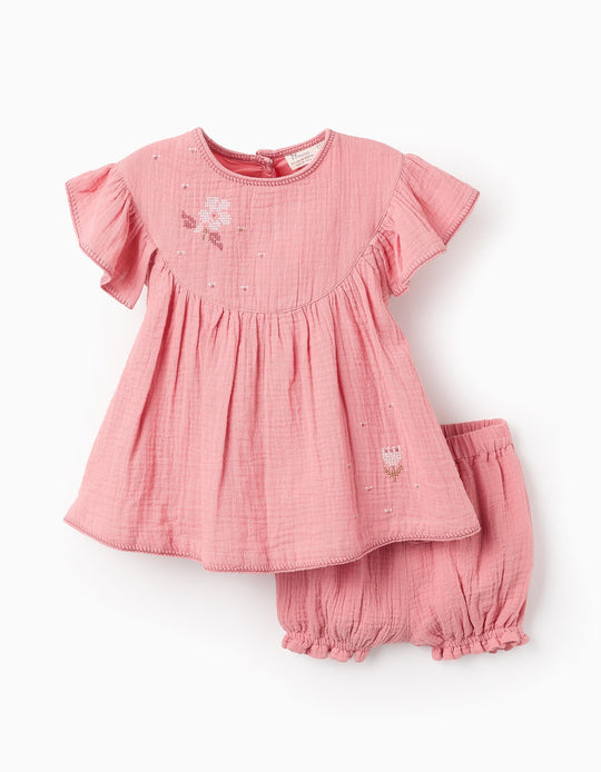 Dress + Bloomers in Cotton Muslin for Baby Girls, Pink