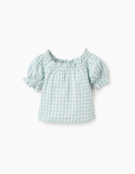 Top in Vichy with Texture for Girls 'B&S', Aqua Green/White