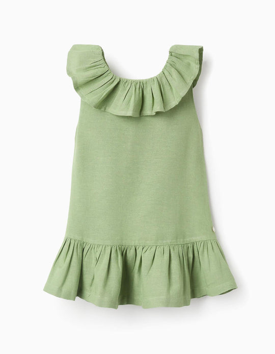 Dress with Ruffles in Viscose, Cotton and Linen for Baby Girls, Green