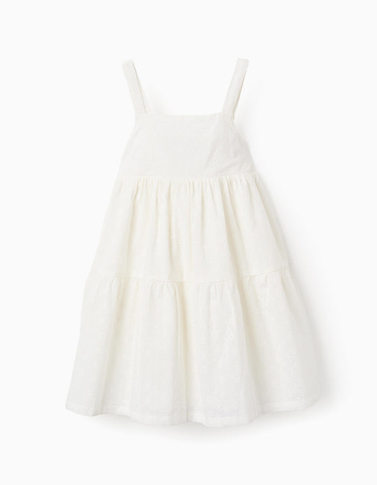 Strappy Dress with Broderie Anglaise for Girls, White