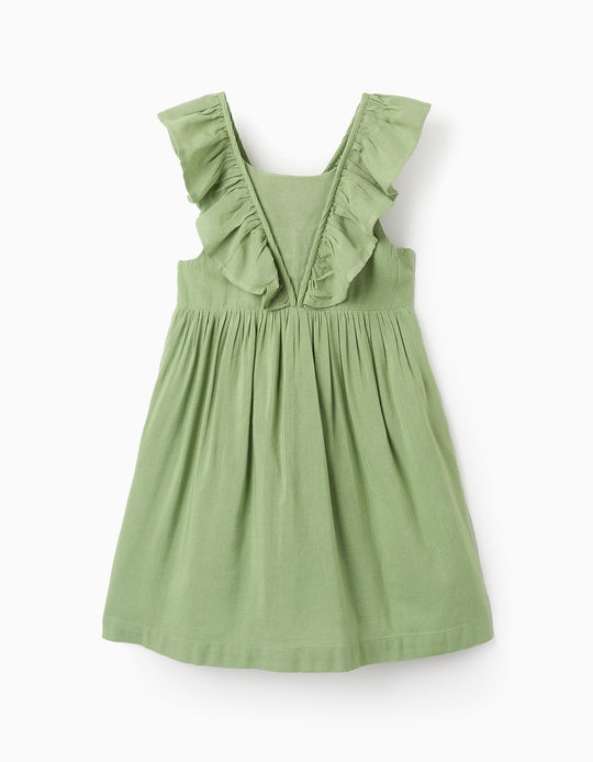 Viscose, Cotton and Linen Dress with Ruffles for Girls, Green