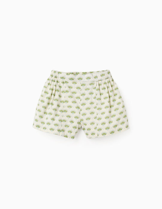 Cotton Shorts with Floral Motif for Girls, Beige/Green