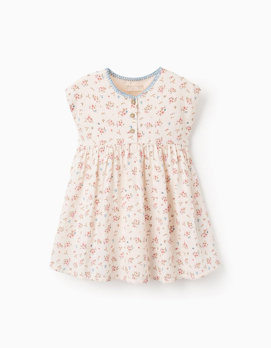 فستان قطني بنقشة زهور للبنات الرضع، بيج