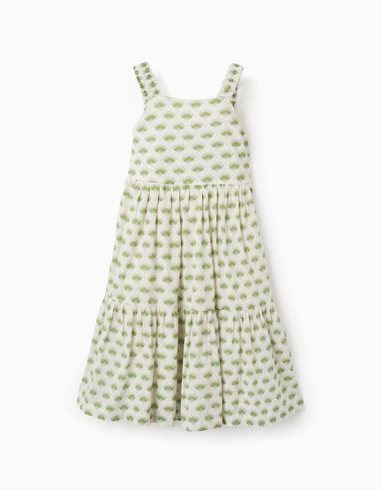 Floral Strappy Dress for Girls, White/Green