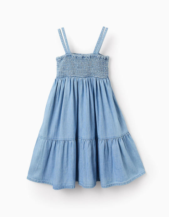 Denim Dress with Double Straps for Girls, Blue