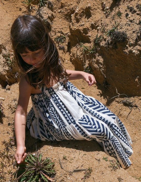 Cotton Ethnic Pattern Dress for Girls, White/Blue