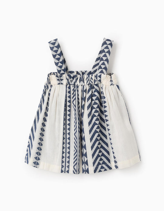 Ethnic Pattern Cotton Top for Girls, Beige/Blue