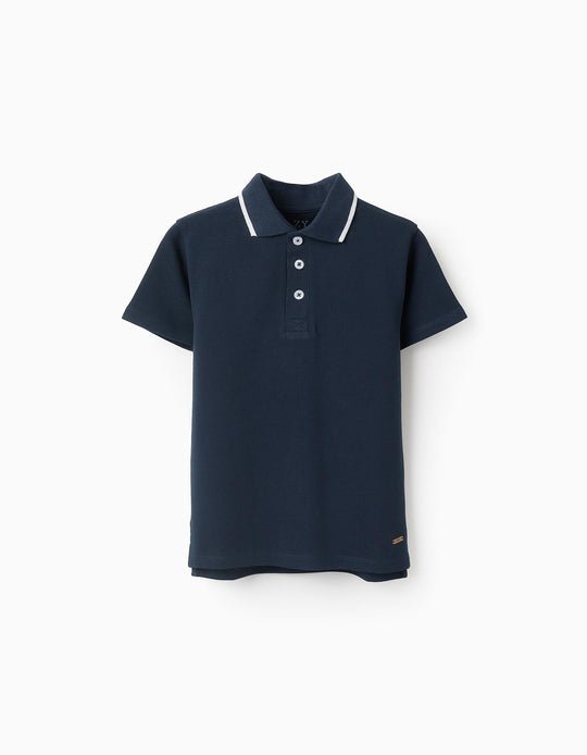 Cotton Piqué Polo Shirt with Stripe on the Collar for Boys, Dark Blue